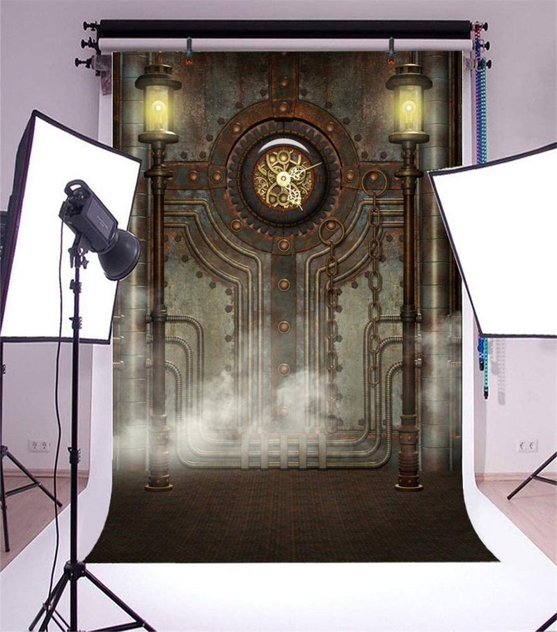 DASHAN 5x7ft Polyester Antique Vintage Steampunk Backdrop Industrial Gear Metal Clock Old Metal Gearwheel Photography Background Steam Machine Nostalgia Iron Chain Pipelines Adult Photo Studio Prop - Image 1